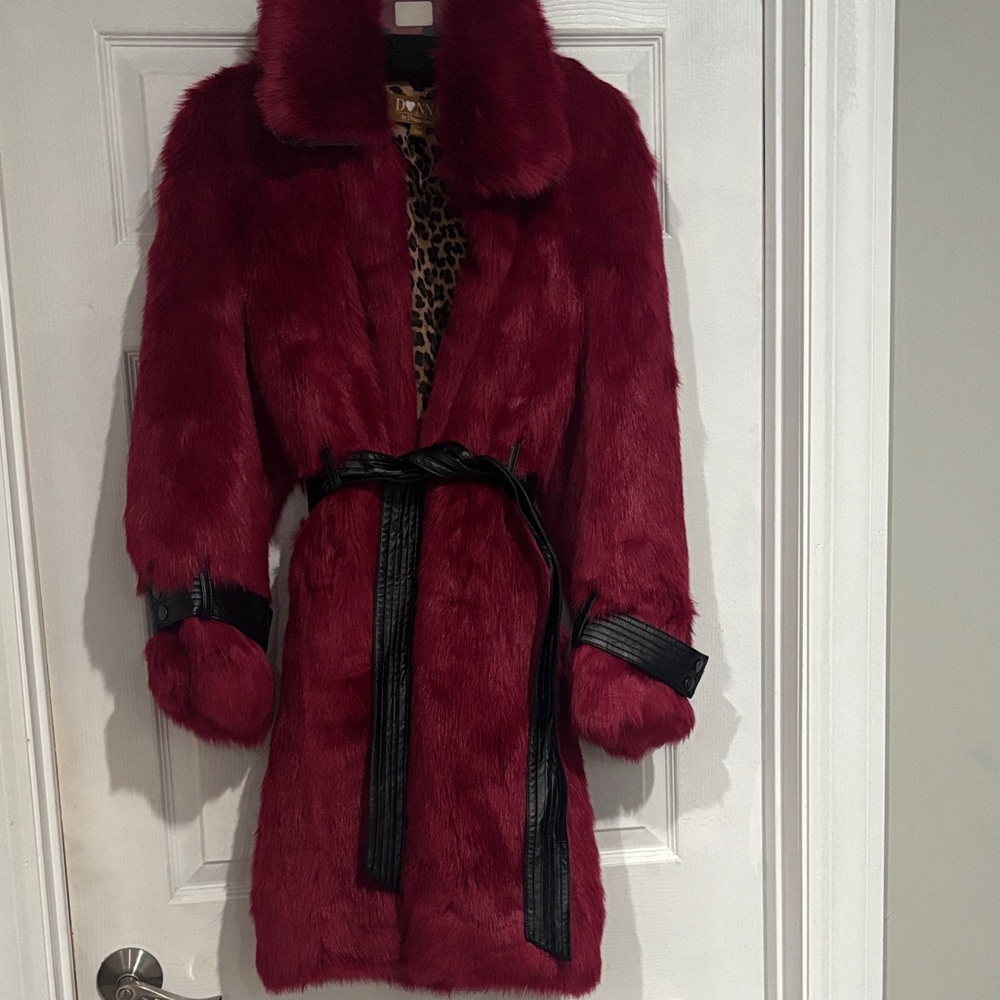 Elegant Burgundy Faux Fur Coat with Black Accents